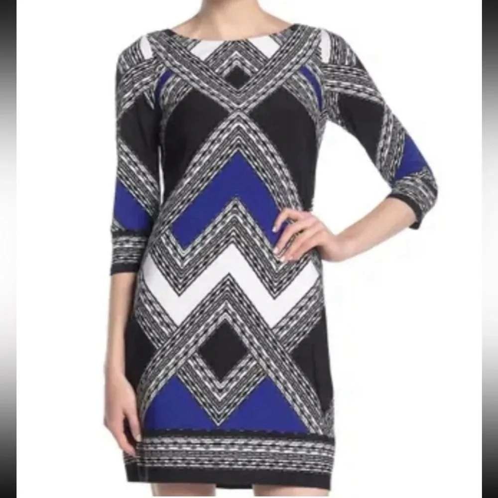 Vince Camuto Womens Geometric Chevron Sheath Dress Black Blue White Size 6